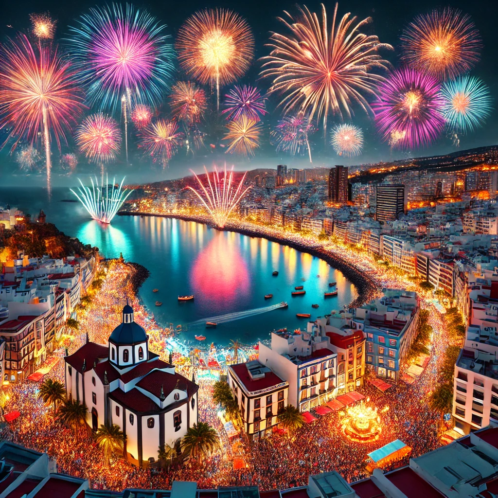 스페인 라스 팔마스 축제 의 불꽃놀이