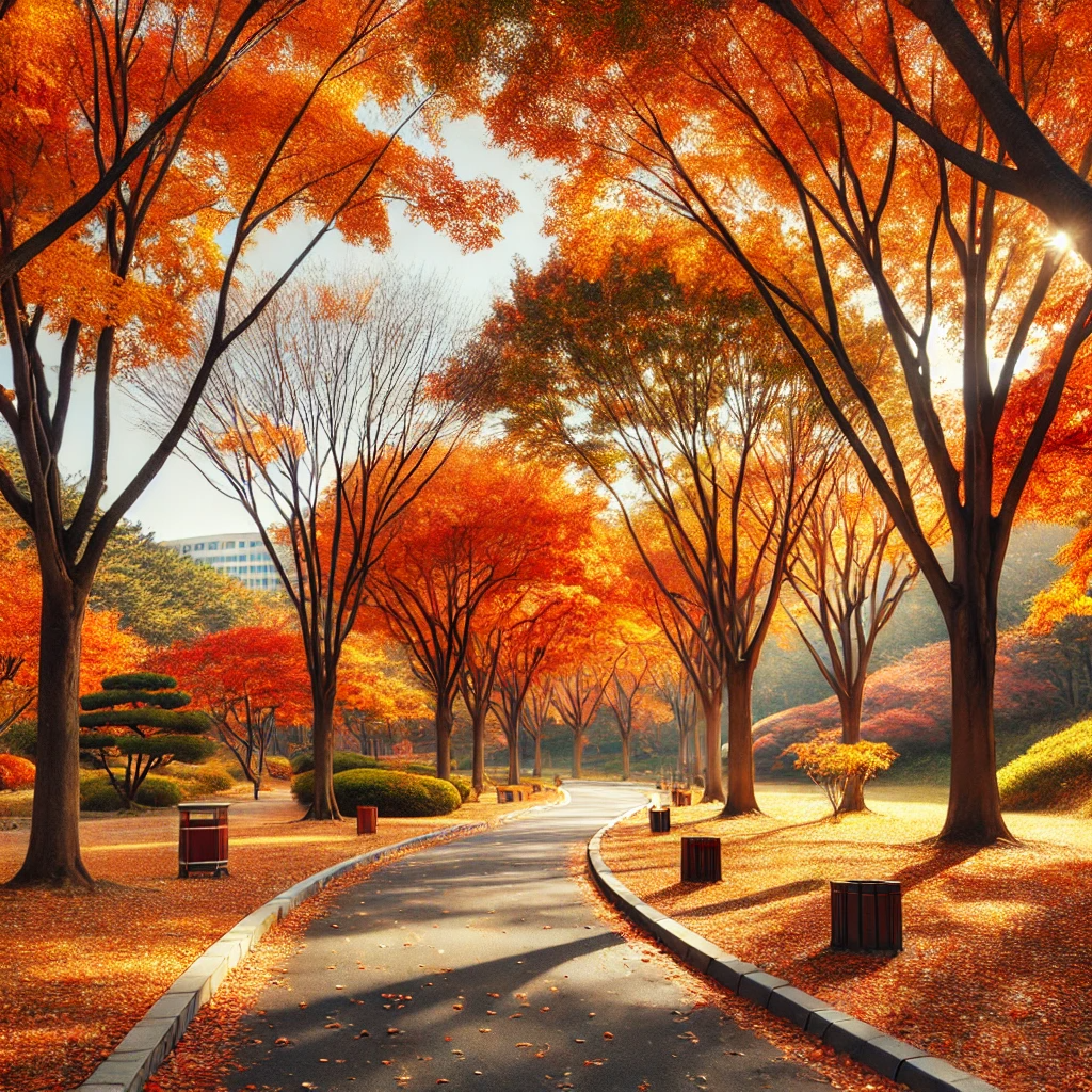 서울대공원의 가을 풍경&amp;#44; 울긋불긋한 나뭇잎과 평온한 산책로가 어우러진 장면