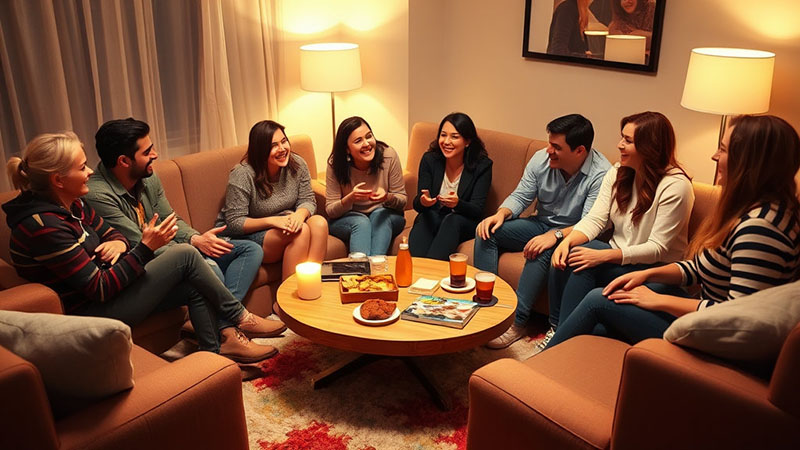 여러 친구들이 앉아 대화하는 이미지.