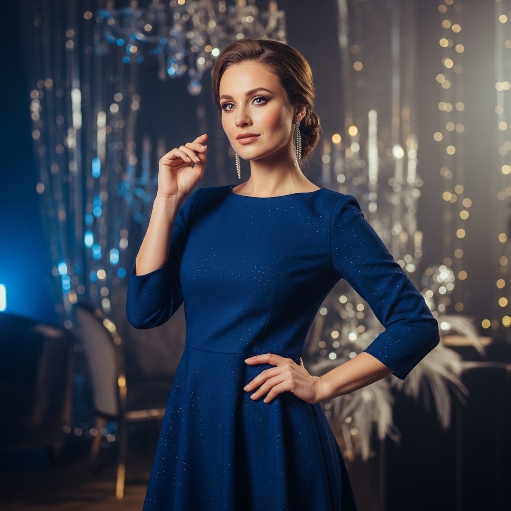2025년 연말 파티에서 세련된 딥 블루 드레스를 입고 자신감 넘치는 포즈를 취하는 MZ세대 여성. 뒤로는 화려한 파티 조명과 장식이 보인다.