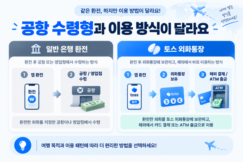 일반 은행 공항 외화 수령과 토스 외화통장 해외 사용 방식 비교