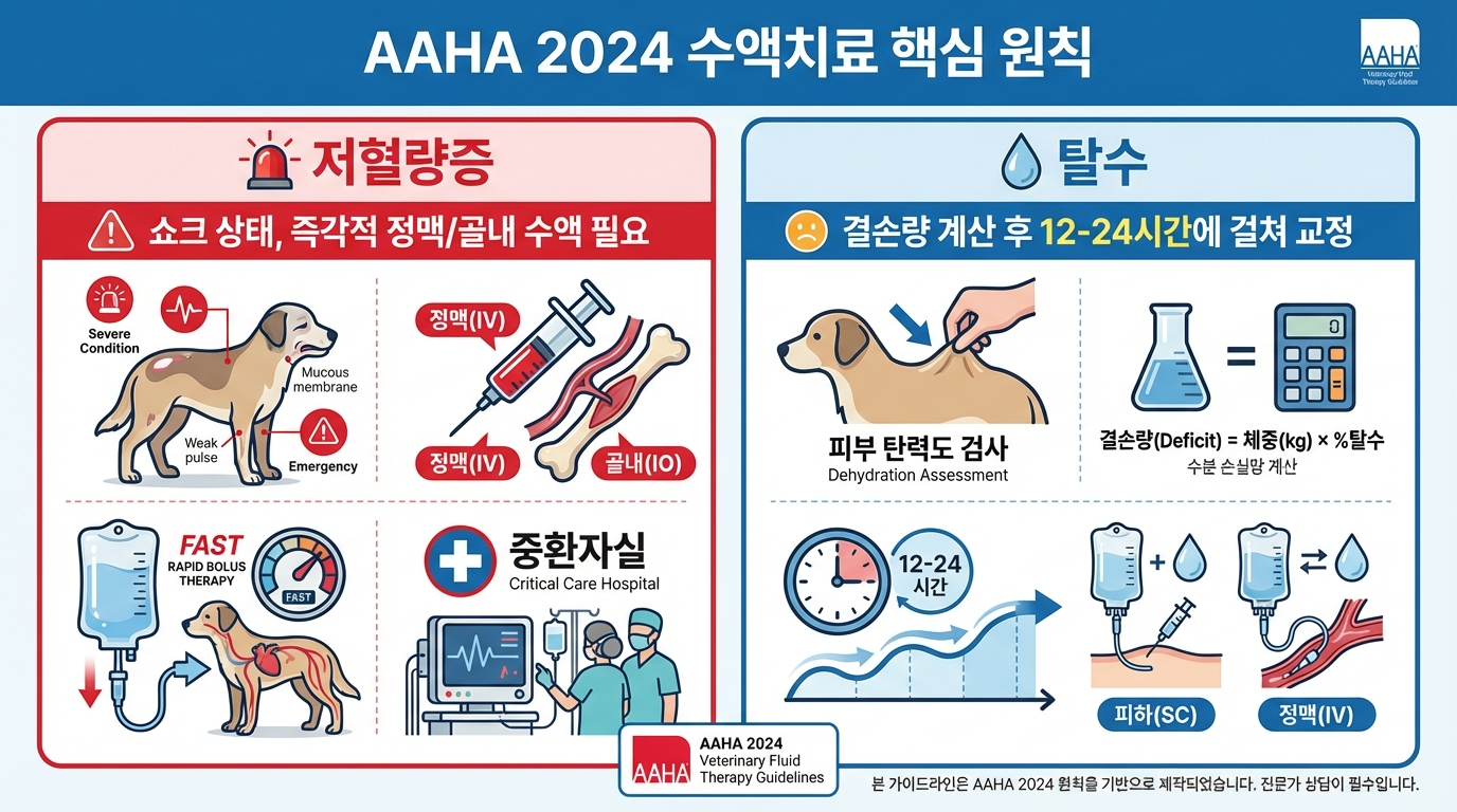 AAHA 2024 수액치료 요약(저혈량은 IV/IO, 탈수 결손은 12~24시간 교정)