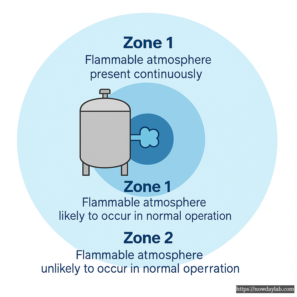 Hazardous area classification diagram showing Zone 0, Zone 1, and Zone 2 around a vessel according to IEC 60079 explosive atmosphere standards