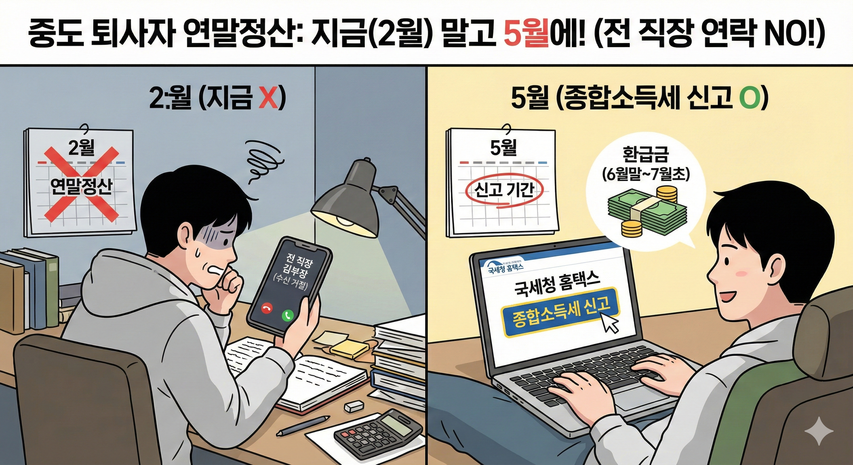 2026년 중도 퇴사자 연말정산 시기 비교 일러스트. 왼쪽의 '2월(지금 X)' 칸에는 퇴사자가 전 직장 상사의 전화를 피하며 괴로워하는 모습이, 오른쪽의 '5월(종합소득세 신고 O)' 칸에는 집에서 편안하게 홈택스로 신고하고 '환급금(6월말~7월초)'을 확인하며 웃는 모습이 대조적으로 그려져 있다.