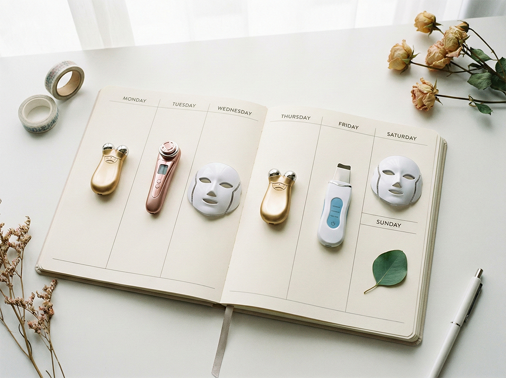 홈케어루틴, 주간스케줄, 뷰티디바이스사용법, 마이크로커런트, RF, LED마스크, 홈케어시간표