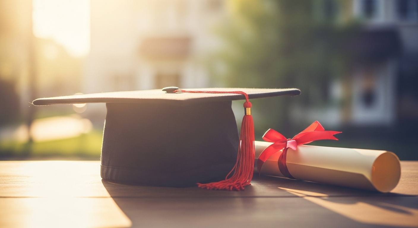 2026년 졸업식을 상징하는 학사모와 졸업장, 그리고 따뜻한 봄 햇살 이미지