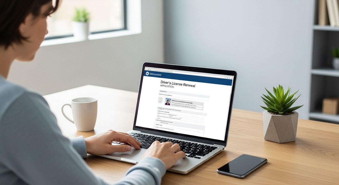노트북으로 운전면허 갱신 신청 화면을 보고 있는 여성