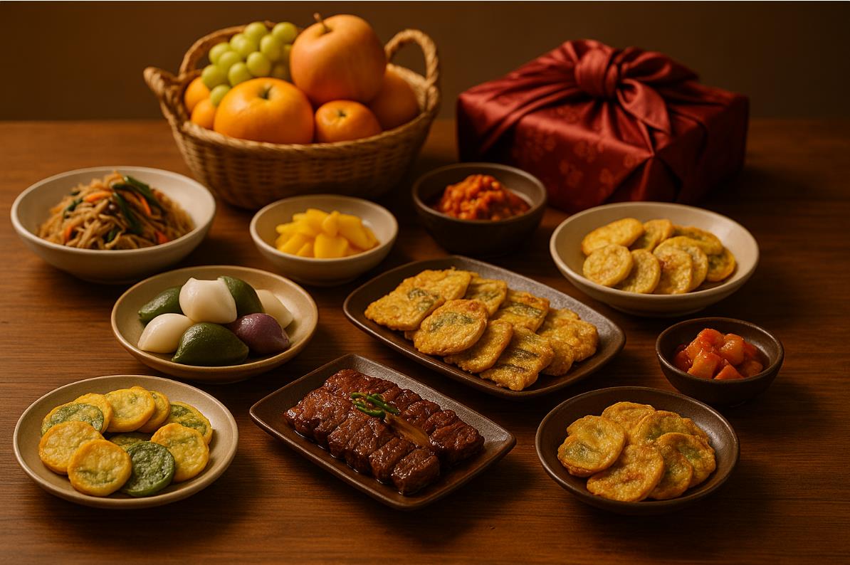 송편, 갈비, 전 등 전통 음식이 풍성하게 차려진 추석 명절 식탁 모습