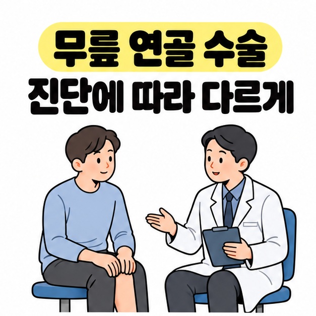 무릎 연골 수술과 진단에 따라 다르게 문구 아래 무릎에 손을 올린 환자가 의료진과 상담하는 그림