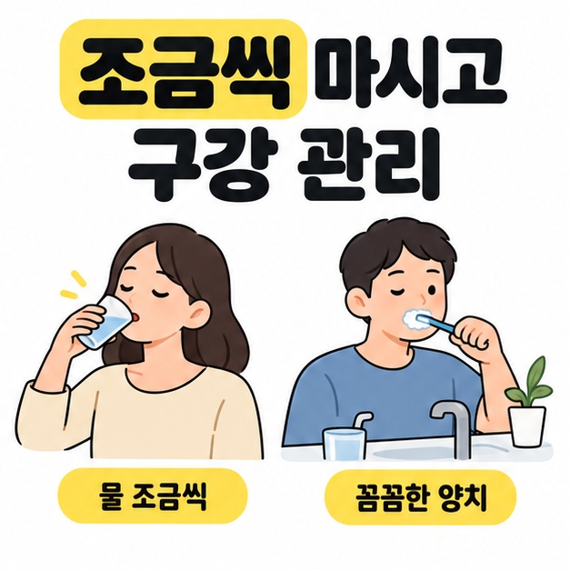 조금씩 마시고 구강 관리라는 문구 아래 물을 한 모금 마시는 사람과 세면대에서 양치하는 사람
