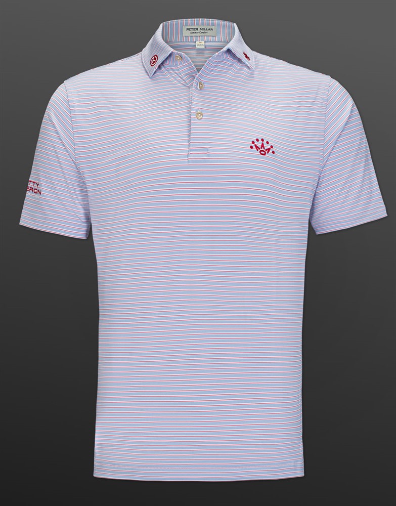 “Scotty Cameron 스트라이프 폴로 셔츠 — 7 Point Crown, 써클 T, 클로버 자수 디테일 포함”