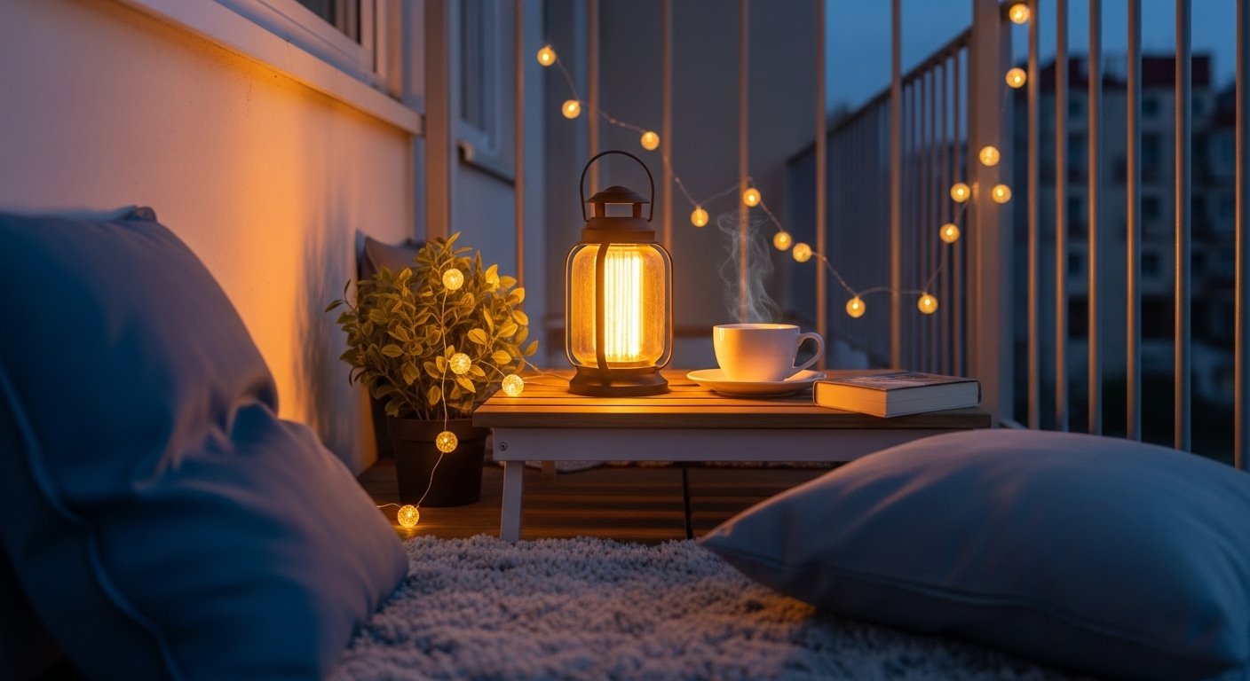저녁 무렵 베란다 홈카페에 따뜻한 분위기를 더하는 스트링 라이트와 LED 랜턴, 그리고 아늑한 커피잔과 책이 놓인 모습