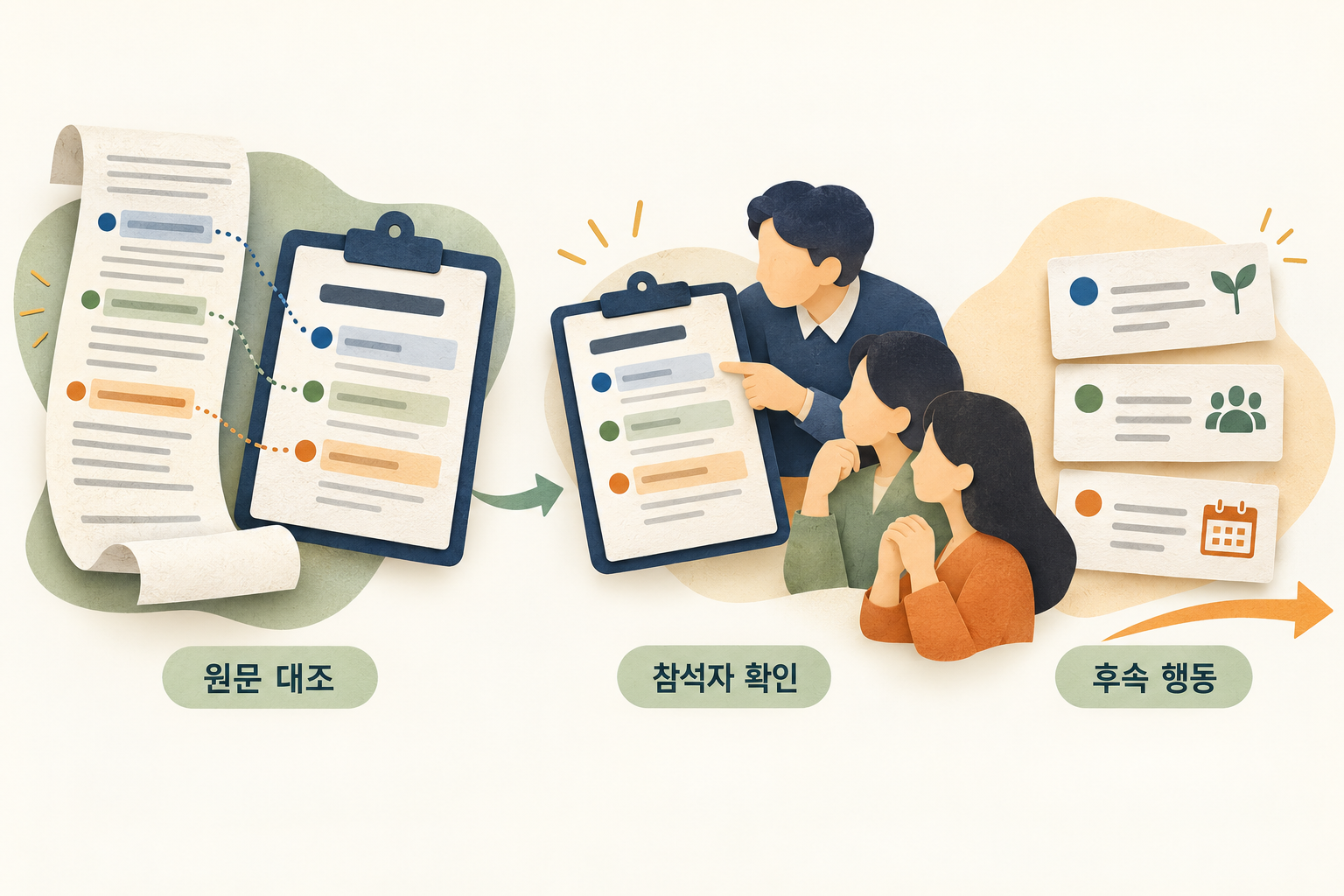회의 요약과 원문을 대조하고 참석자가 확인한 뒤 후속 행동으로 이어가는 그림