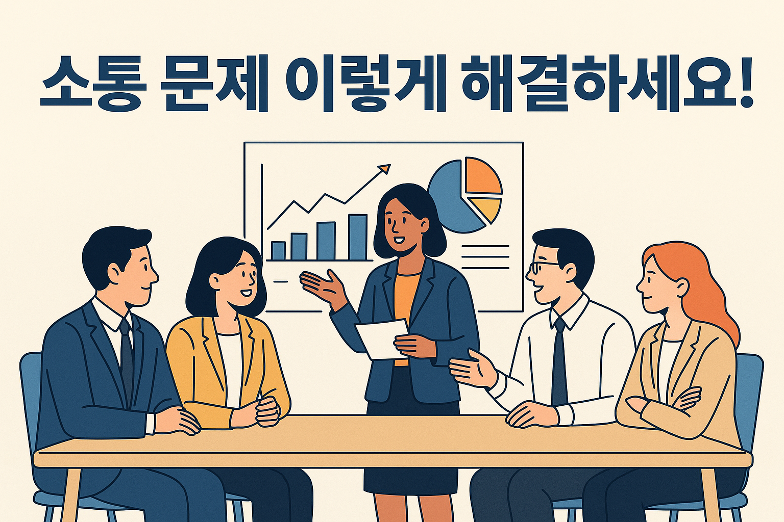직장 내 소통 전략을 주제로 회의 중인 직장인들이 등장하는 가로형 인포그래픽 일러스트