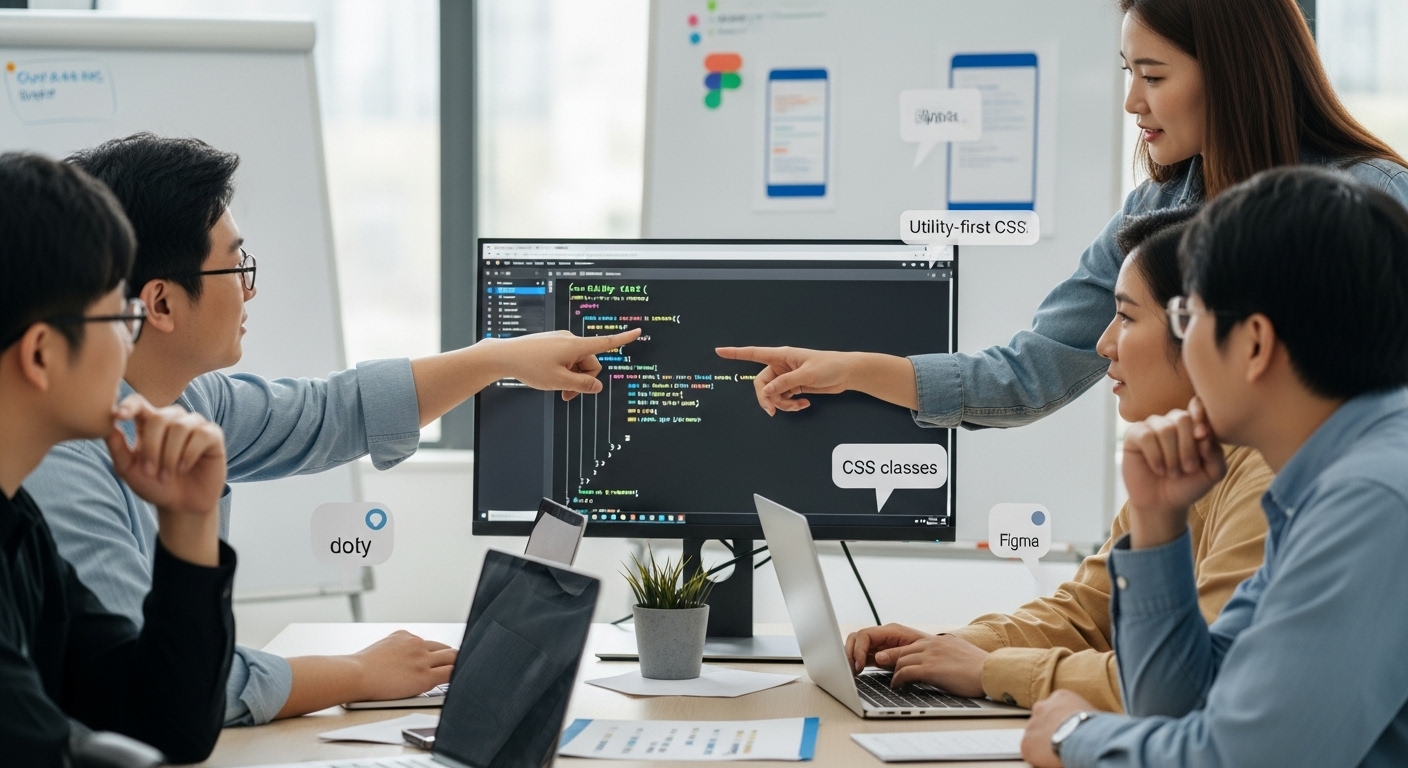 developer team in a tech startup setting, conducting a code review session