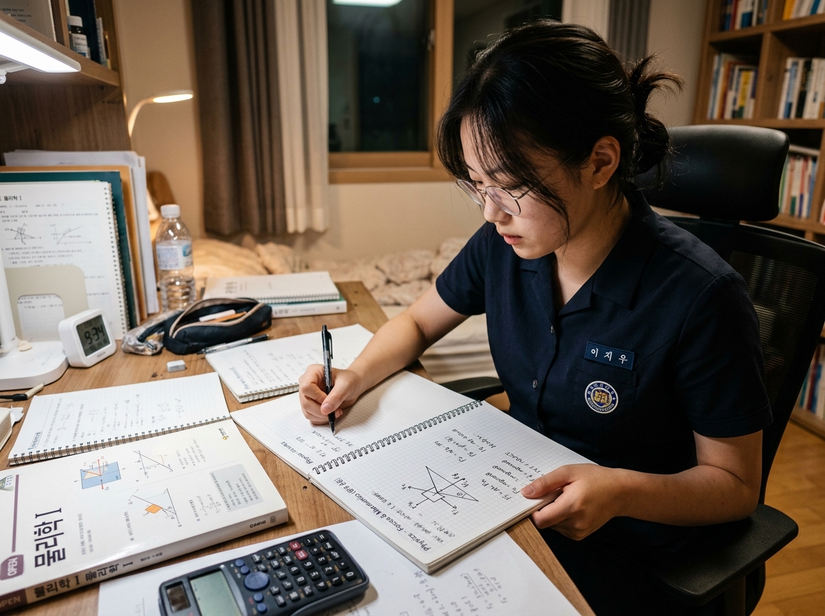 과학 문제 풀이 과정을 노트에 기록하며 개념을 적용하는 한국 고등학생