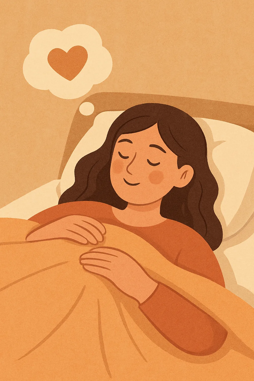 이불을-덮고-자는-여성이-편안한-미소를-지으며-안정감을-느끼는-모습-머리-위에는-따뜻한-하트를-담은-생각-구름이-있는-장면