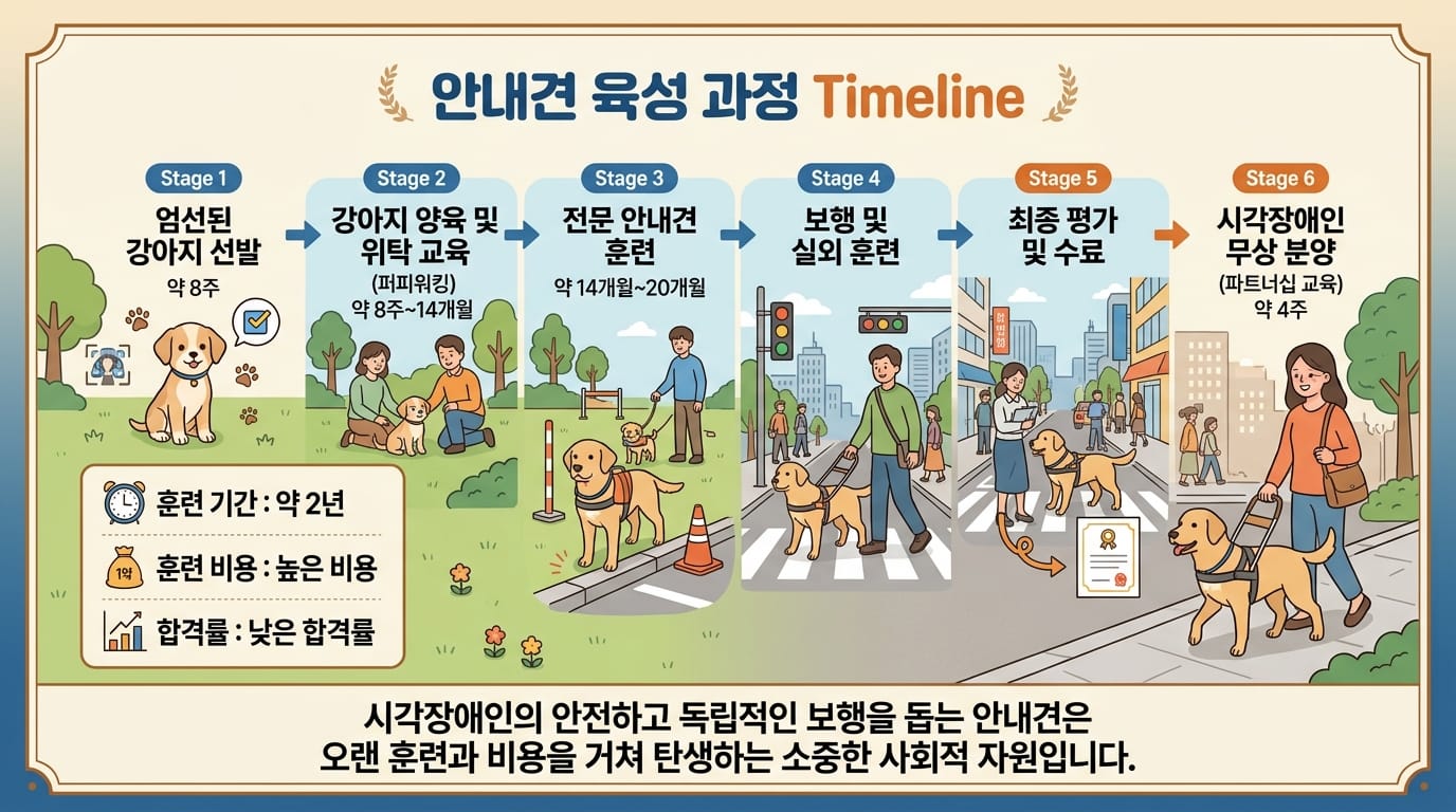 안내견 양성 과정과 훈련 단계를 보여주는 인포그래픽
