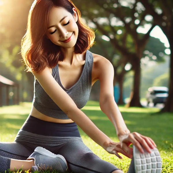 햇살 아래 공원에서 다리를 스트레칭하는 중년 아시아 여성