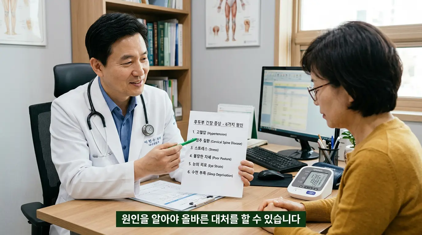 뒷골이 땡기는 증상 내과 신경과 방문 상담 권고 이미지