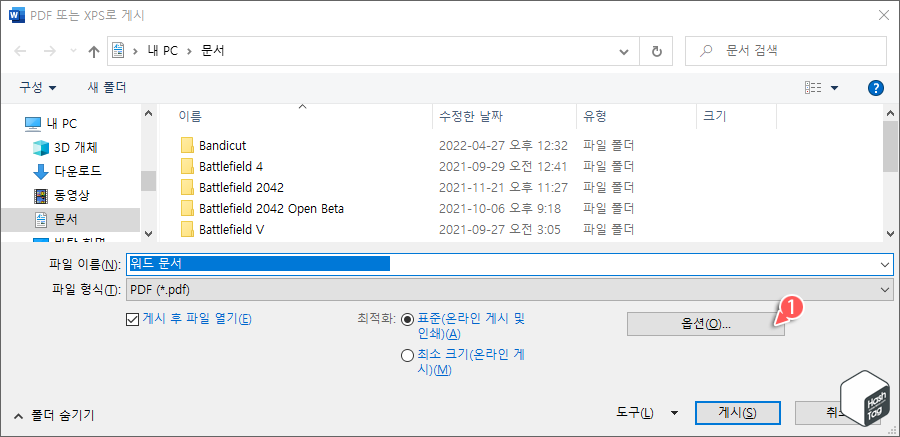 PDF 또는 XPS로 게시 > 옵션