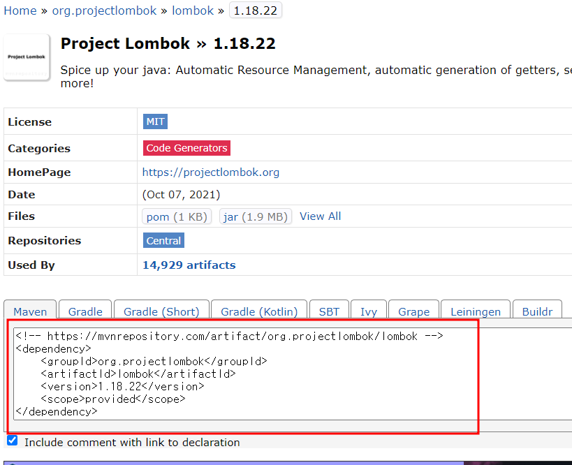 https://mvnrepository.com/artifact/org.projectlombok/lombok/1.18.22