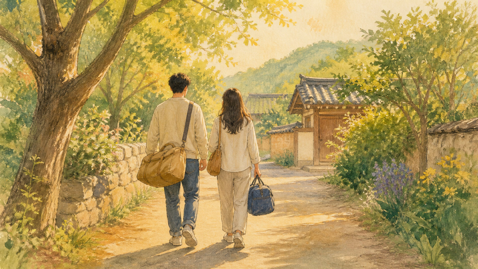함께 행복하게 살아가는 딸과 사위를 상징하는 AI 삽화