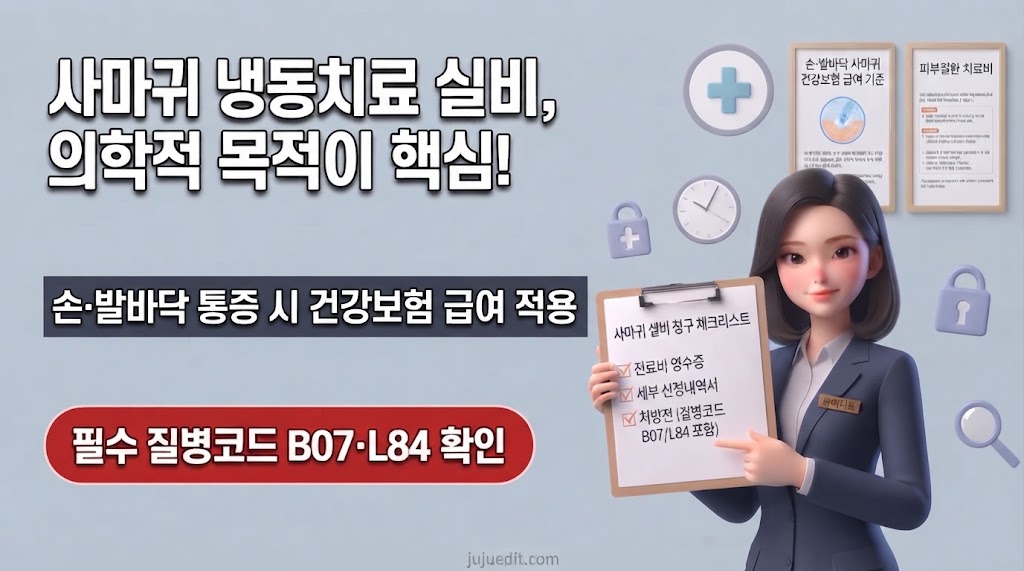사마귀 냉동치료 실비 청구 시 의학적 목적과 손&middot;발바닥 통증 건강보험 급여 기준 및 필수 질병코드 B07 L84 확인을 안내하는 블로그 썸네일