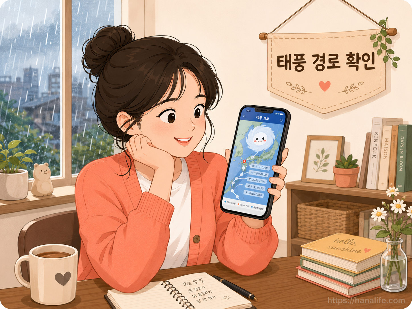 실시간 기상 특보 화면을 스마트폰으로 확인하며 기상 변화를 주시하는 모습