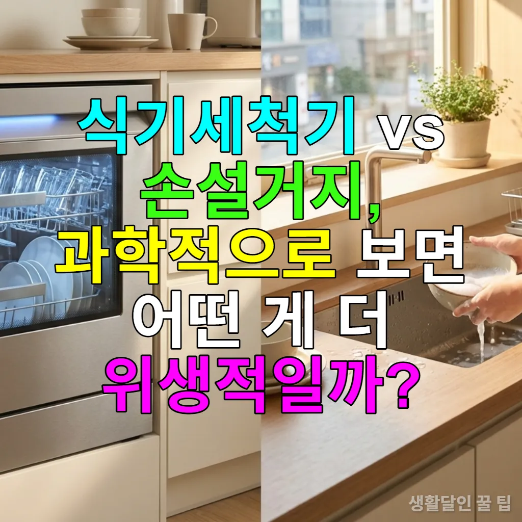식기세척기와 손설거지를 비교하는 현대적인 한국 주방 풍경