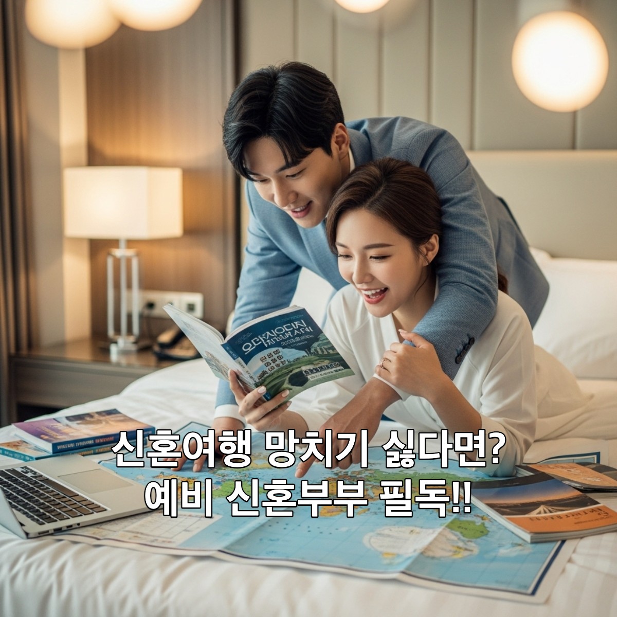 세계 지도를 보며 신혼여행지를 계획하는 행복한 한국인 신혼부부의 모습