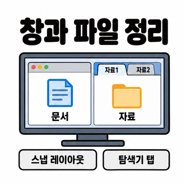 한 모니터에 문서와 자료 창을 나란히 배치하고 자료 폴더의 두 탭으로 스냅 레이아웃과 탐색기 탭을 보여주는 그림