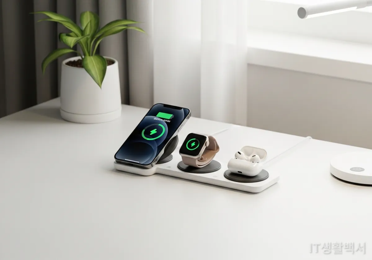 스마트폰, 워치, 이어폰을 동시에 충전 중인 깔끔한 3in1 무선 충전 스테이션