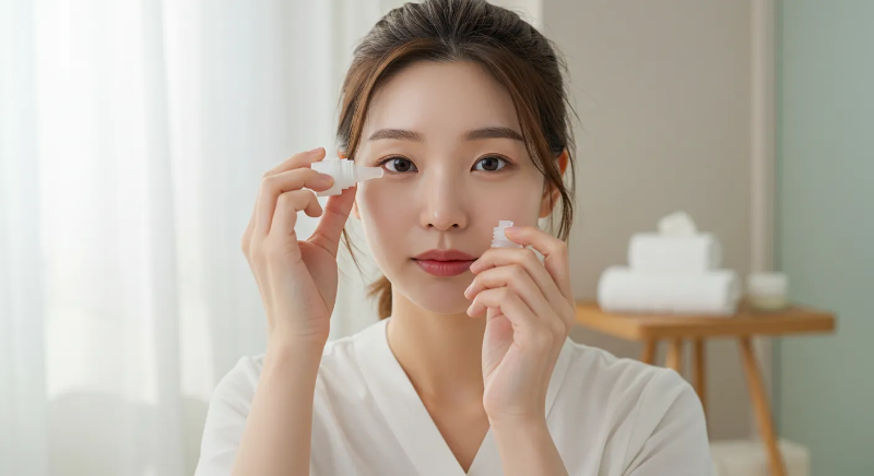 눈에 안약을 넣는 여성 이미지