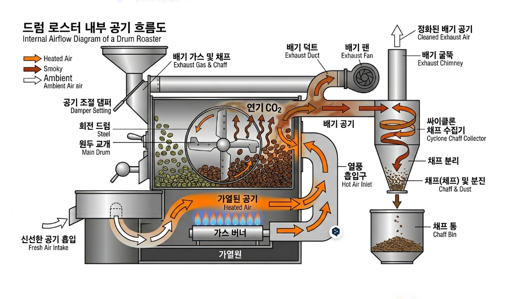 드럼-로스터-구조도-내부-공기-흐름-열풍-흡입-배기/ 로스트 프로 / Roast Pro