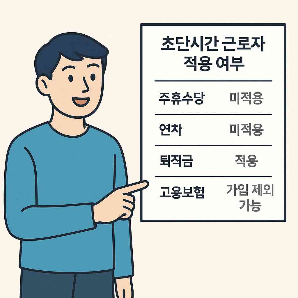 초단시간 근로자 적용 여부를 설명하는 캐릭터와 표 이미지