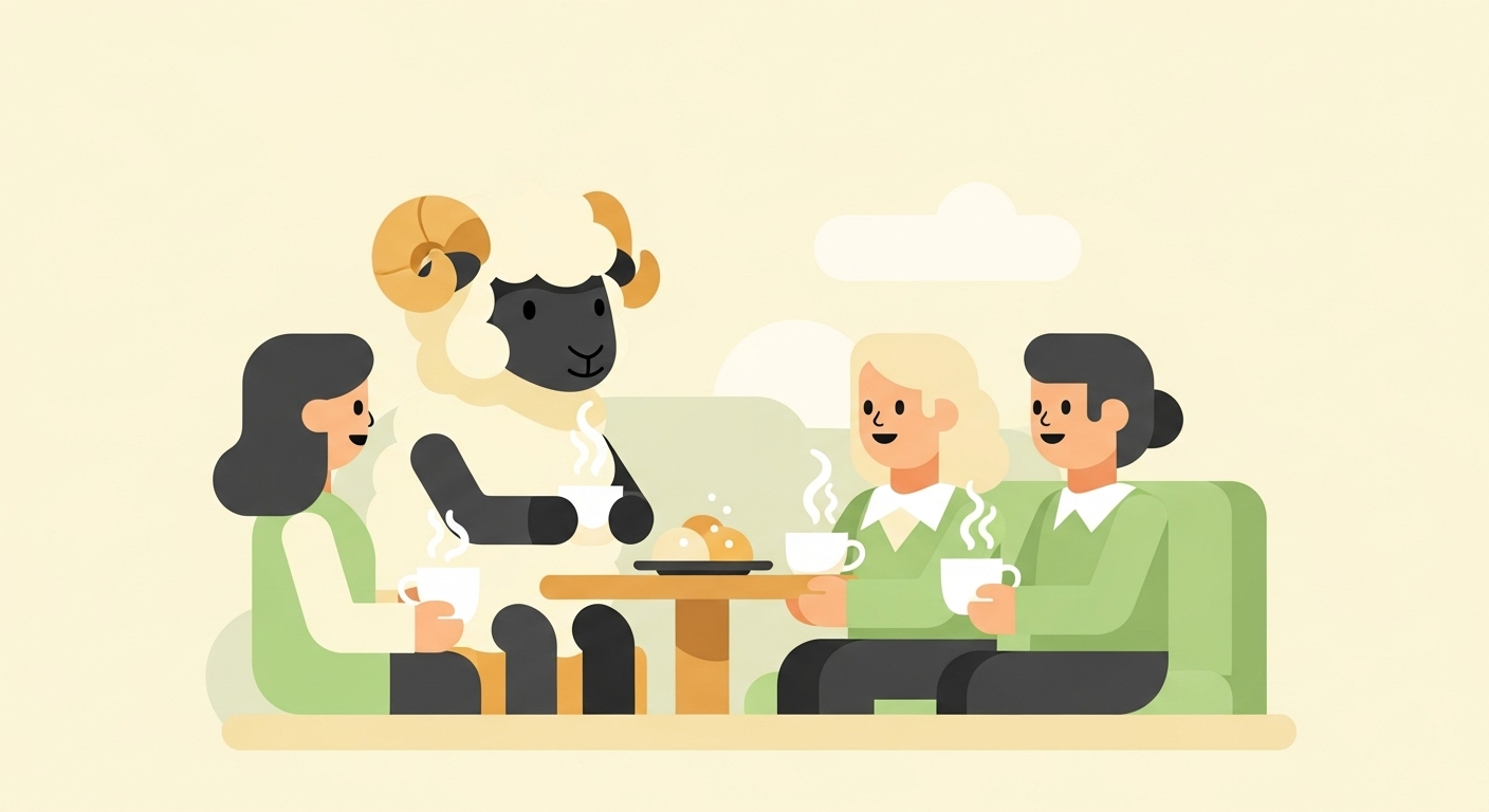 친구들과 따뜻한 차를 나누며 정을 쌓는 양띠 캐릭터 일러스트