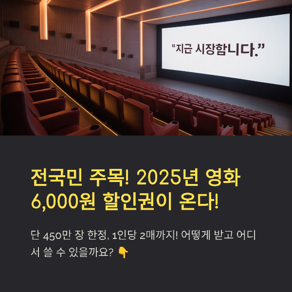 2025년 1인 영화 관람료 6,000원 할인 지원 총정리