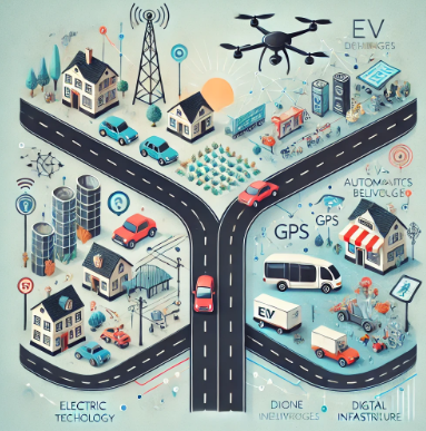 모빌리티 기술의 진화가 지역 경제 구조에 어떤 영향을 미치는지를 시각적으로 표현