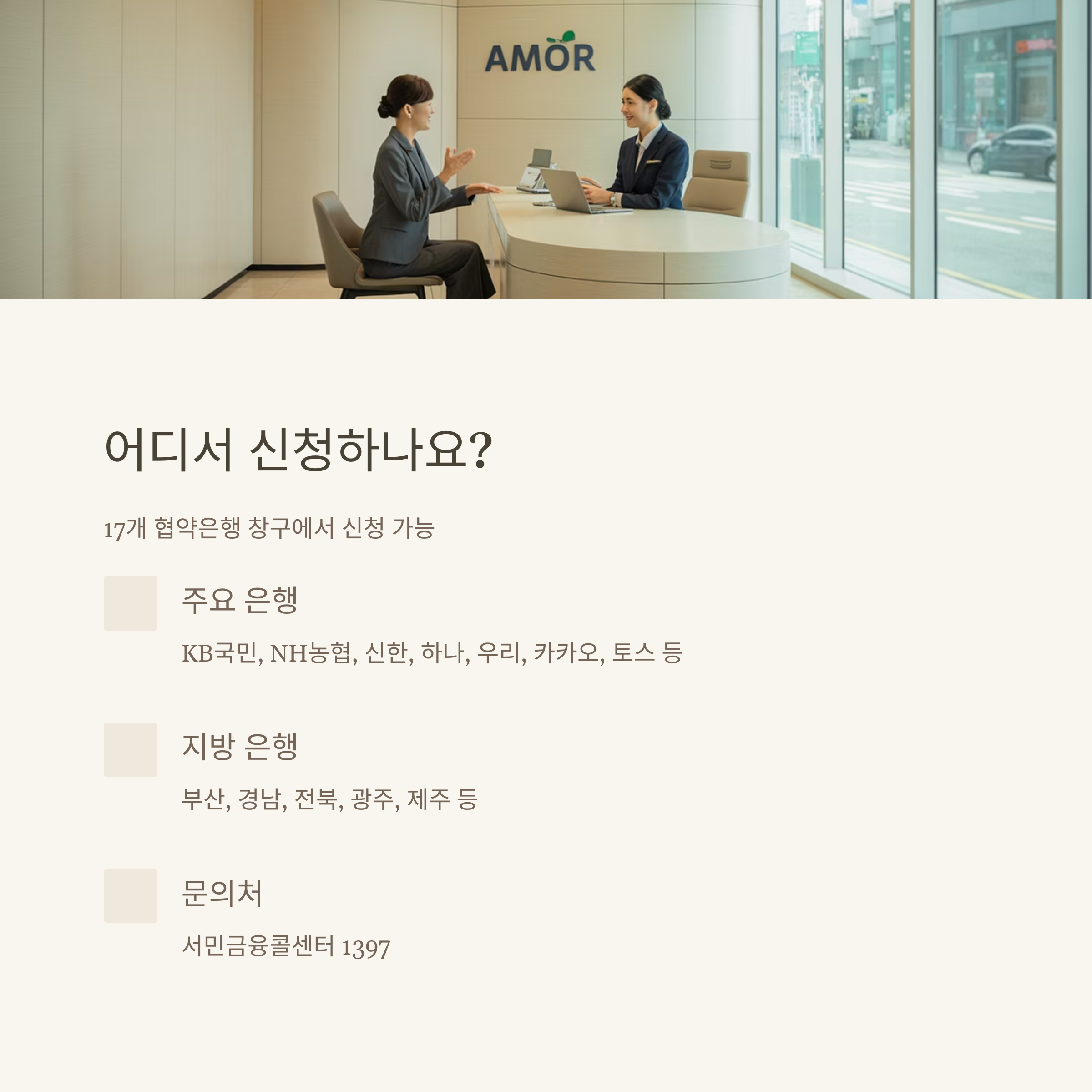 햇살론119 신청처 안내, 은행 창구에서 상담 중인 모습과 함께 주요 협약 은행 및 문의처 정보 표시