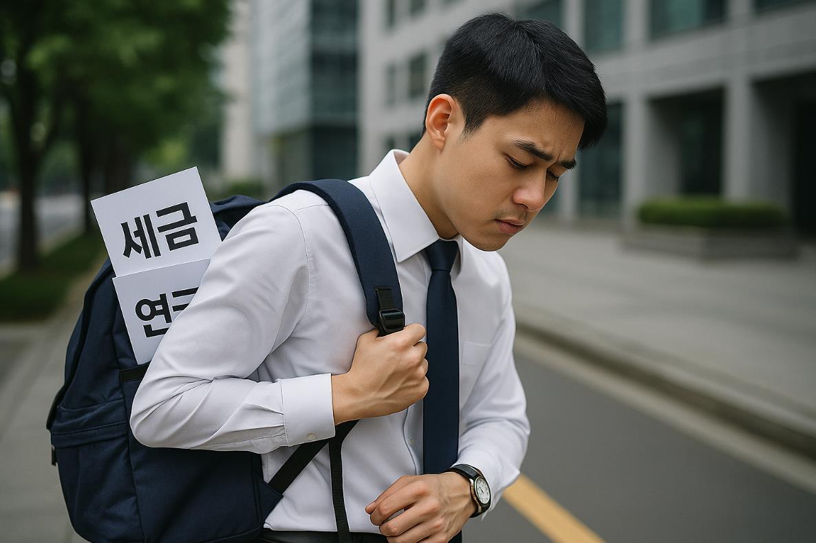 젊은 직장인이 '세금&rsquo;, &lsquo;연금&rsquo; 종이가 삐져나온 가방을 메고 힘겹게 걷는 모습
