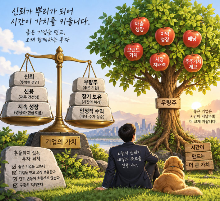 기업에 대한 신뢰와 신용을 바탕으로 한 우량주 장기 보유 전략을 표현한 저울과 나무 성장 일러스트