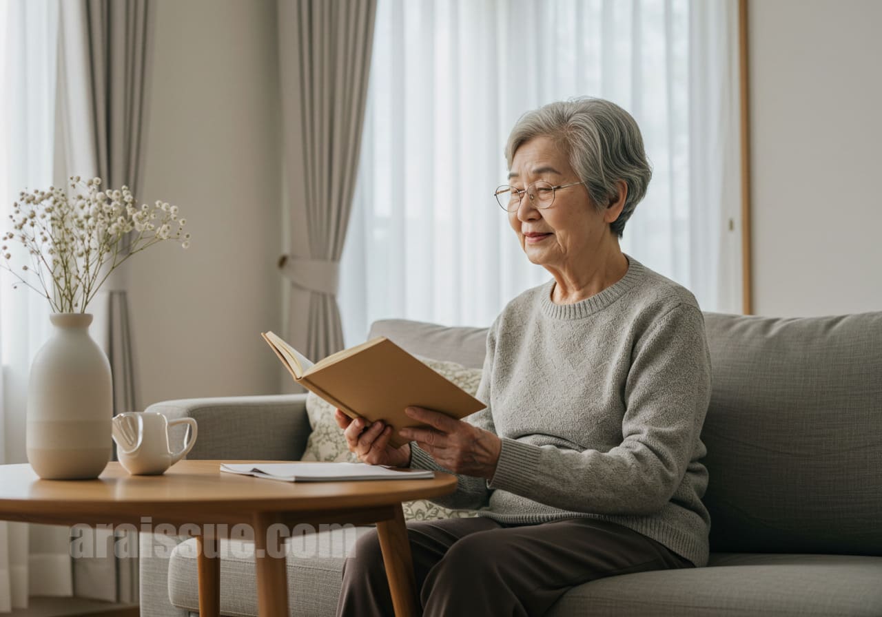 폐렴 예방접종을 받은 고령자가 일상적인 활동을 즐기는 모습. 예방접종 후 삶의 질과 생산성 향상.