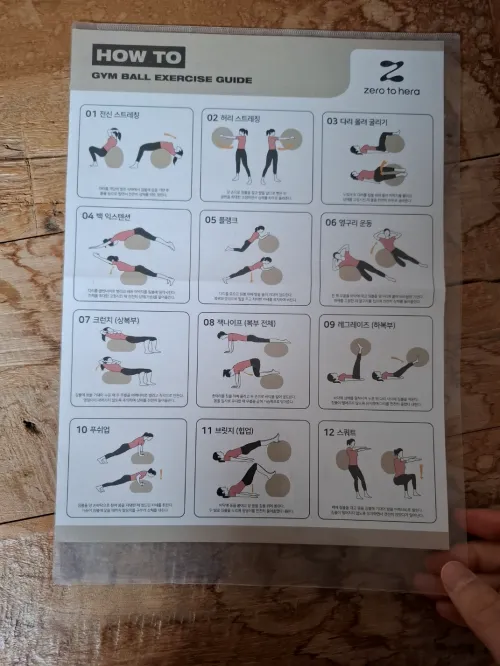 집에서 매일 실천하기 위해 벽에 붙여둔 짐볼 운동 방법 안내 인쇄물 사진 (A photo of a printed guide on how to exercise with a gym ball, posted on the wall for daily practice at home)