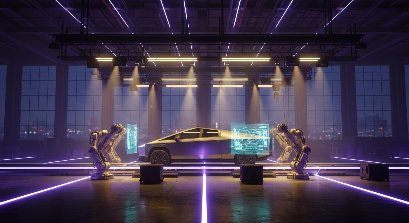 테슬라의 사이버 트럭이 있고 옆에는 로봇이있고 모니터가 있다