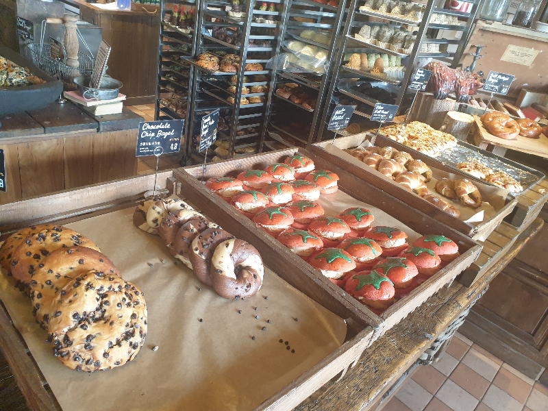 트레이에 각종 베이글이 올려져 있다.