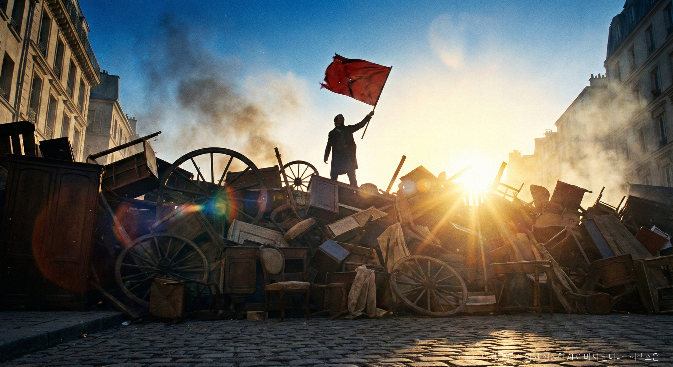 바리케이드의 여명 : 19세기 프랑스 자갈길에 쌓인 거대한 바리케이드 꼭대기에서 혁명가의 실루엣이 붉은 깃발을 흔들고, 떠오르는 새벽 햇빛과 연기 속에서 영웅적 분위기가 폭발하는 로우앵글 장면.