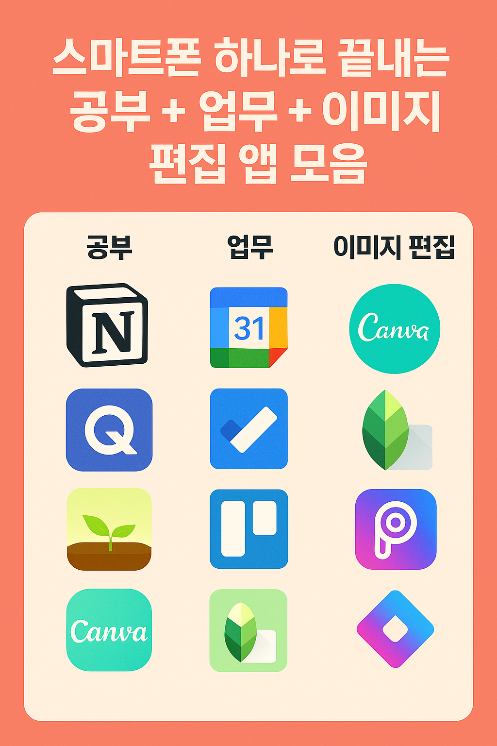 스마트폰 하나로 끝내는 공부 + 업무 + 이미지 편집 앱 모음