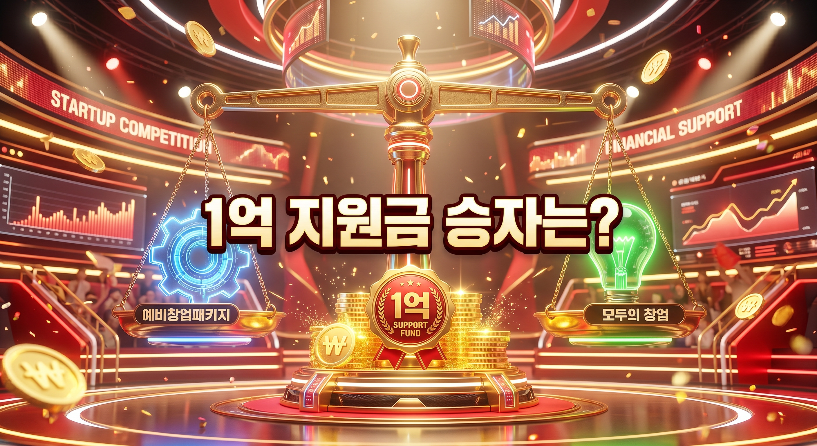 균형 잡힌 황금 저울의 한쪽에는 하이테크를 상징하는 푸른색 톱니바퀴가, 다른 한쪽에는 창의적인 아이디어를 상징하는 초록색 전구가 놓여 있고 중앙에 금화와 1억 배지가 있는 3D 일러스트 배경에, 짙은 그림자와 외곽선으로 선명하게 강조된 '1억 지원금 승자는?'이라는 한글 문구가 중앙에 적힌 이미지