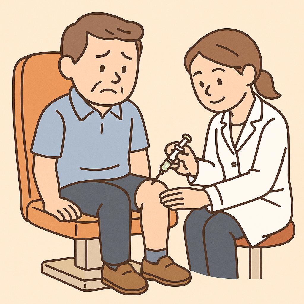 무릎치룔를 의사로부터 받고 있는 중년남성의 모습 만화체 이미지